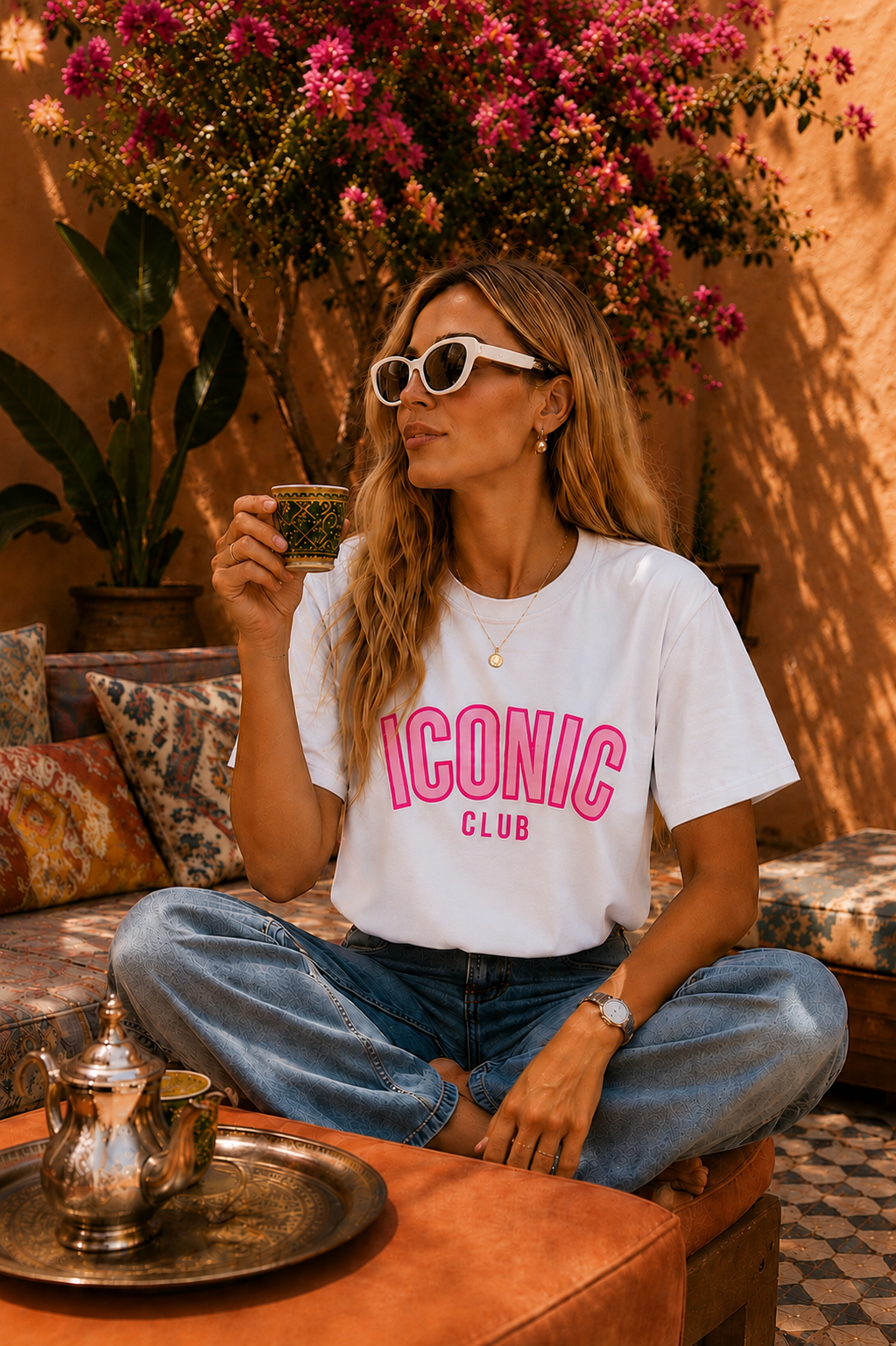 T-shirt ICONIC CLUB – Blanc & Rose 🌸☀️